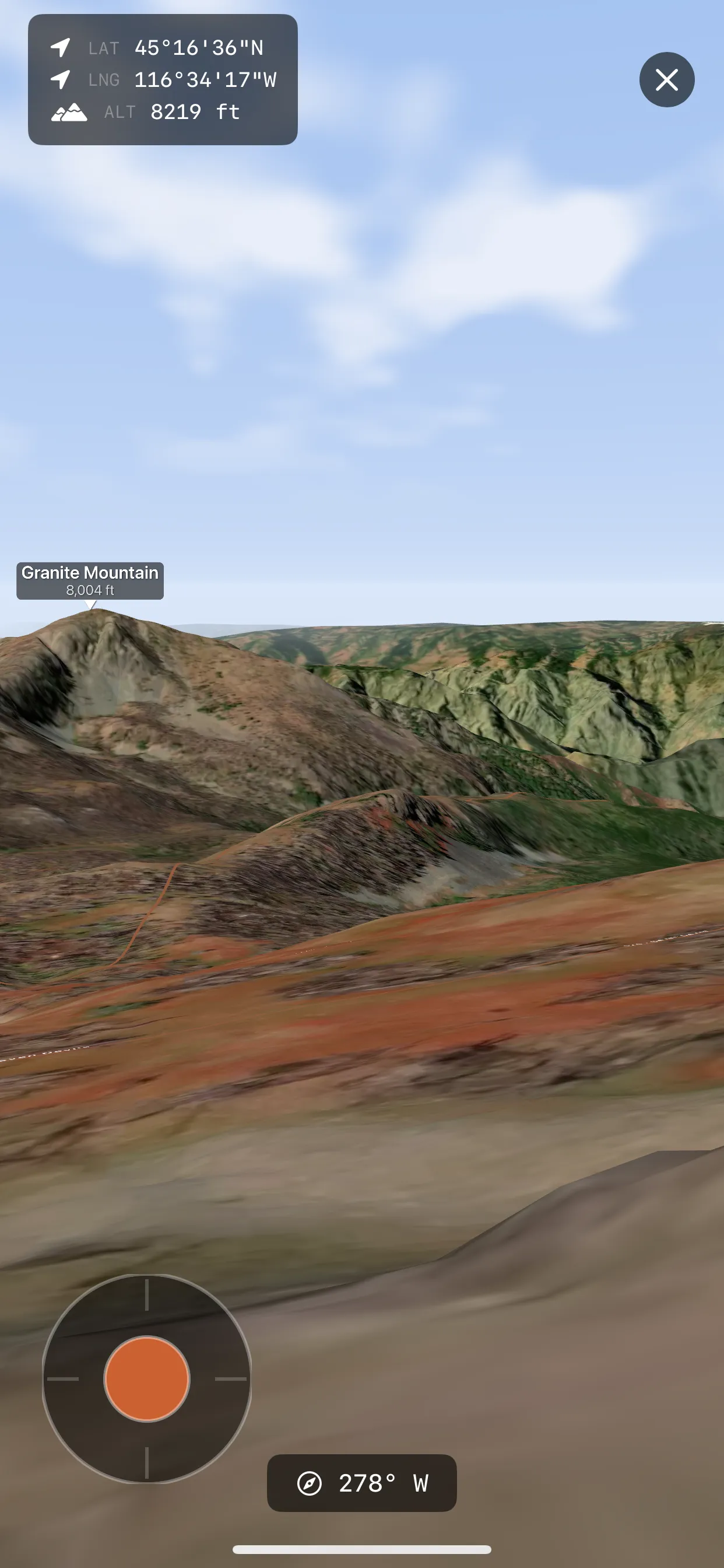 Talus first-person 3D terrain view looking across a ridge toward Granite Mountain, with a live elevation readout.