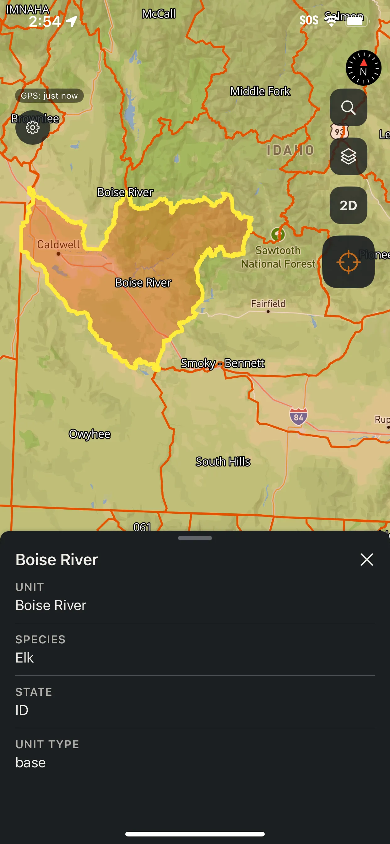 Talus showing a highlighted hunting unit boundary with a detail sheet naming the unit, species, and state.