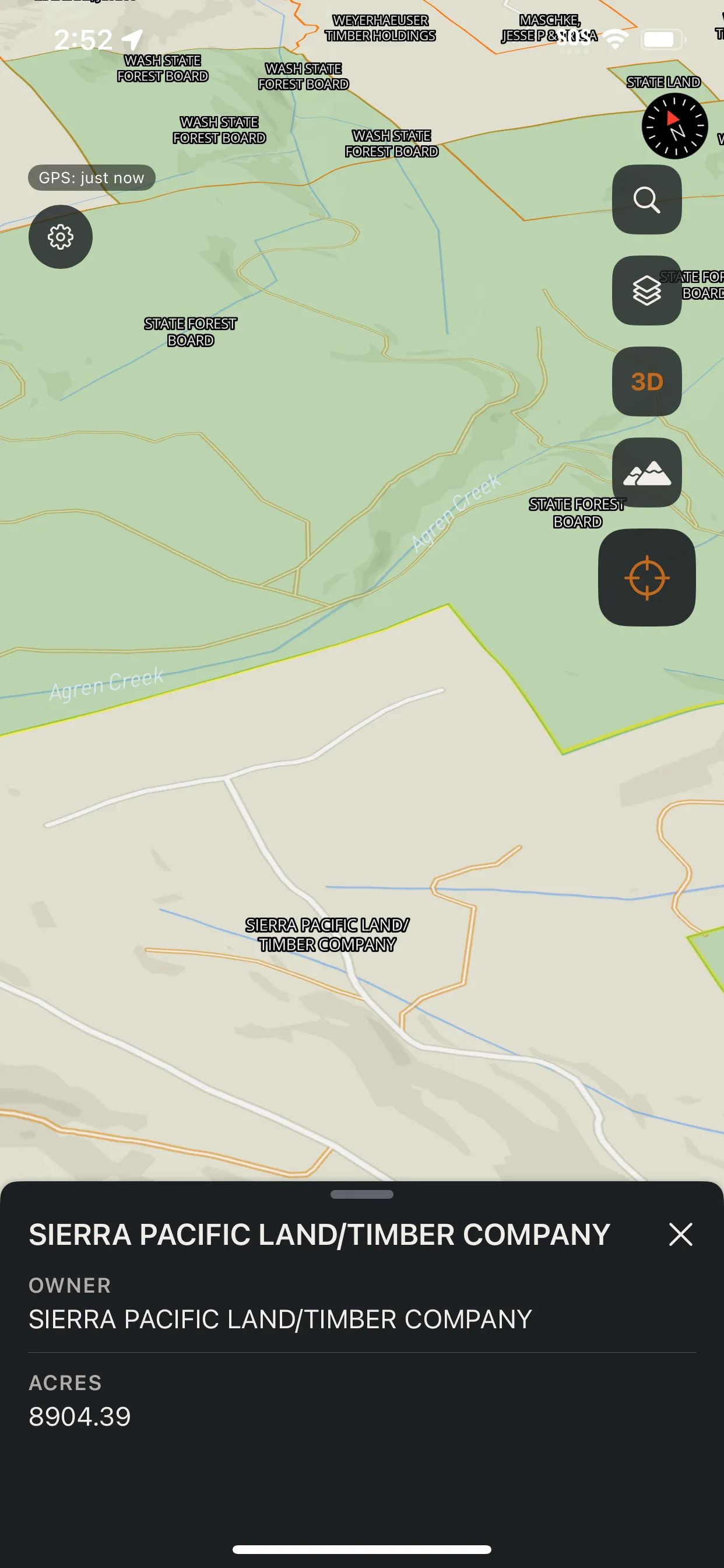 Talus showing land-ownership parcel boundaries with a detail sheet naming the landowner and acreage.