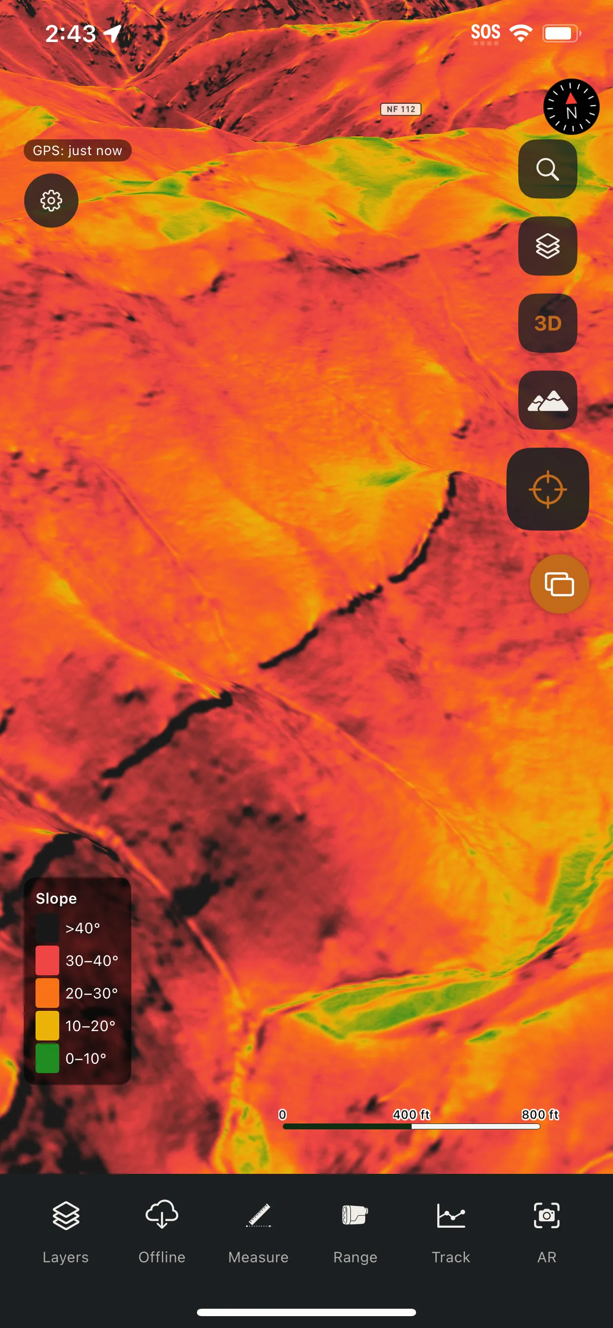 Talus LiDAR slope shading, coloring the terrain from green low-angle ground to red steep faces, with a slope legend.