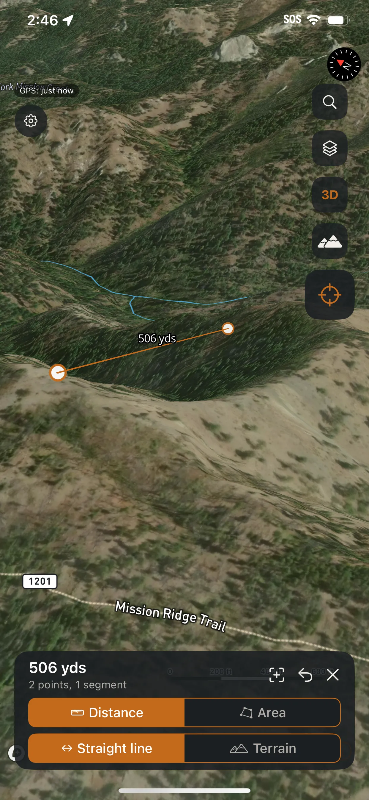 Talus measuring a 506-yard line across 3D terrain, with Distance/Area and Straight-line/Terrain toggles.