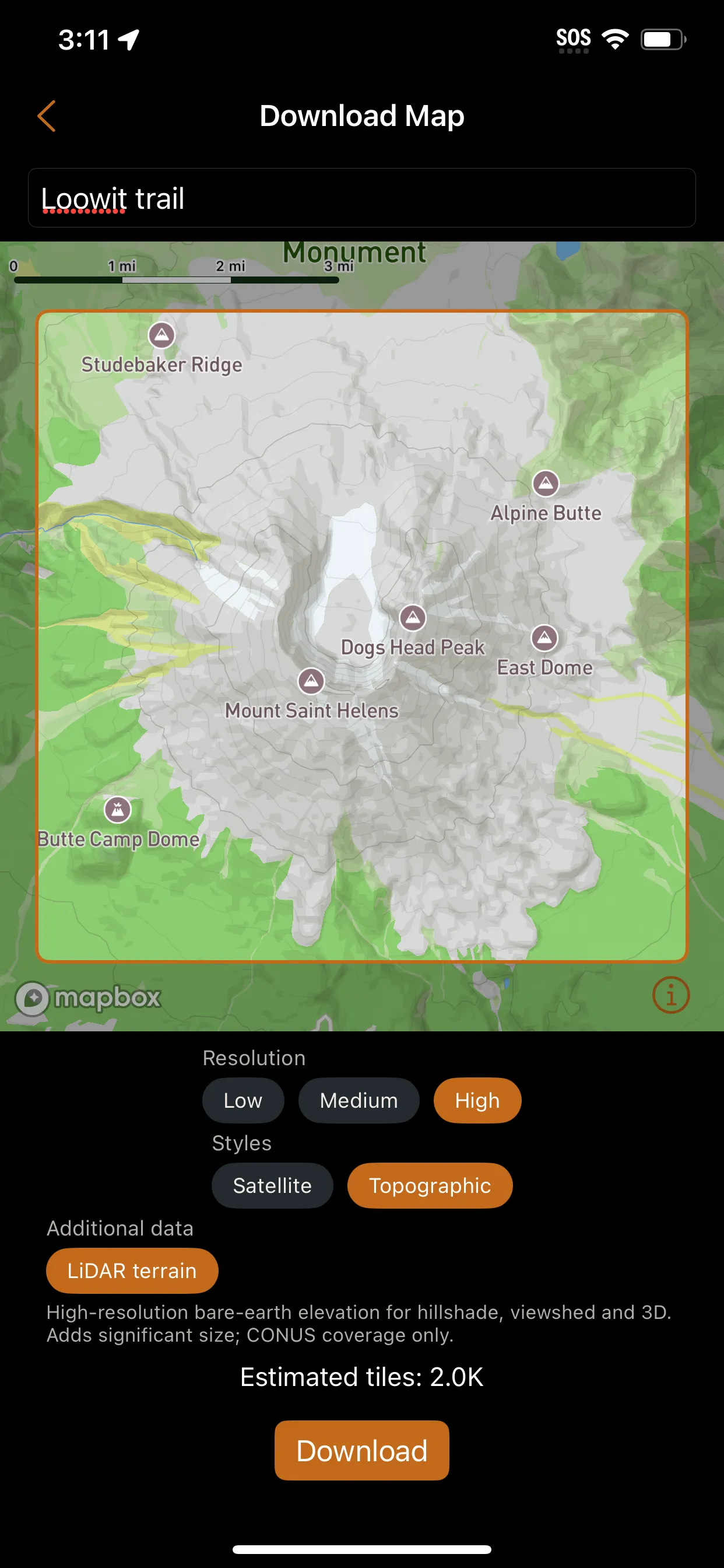 Talus offline download screen with resolution and style options and a LiDAR-terrain toggle.