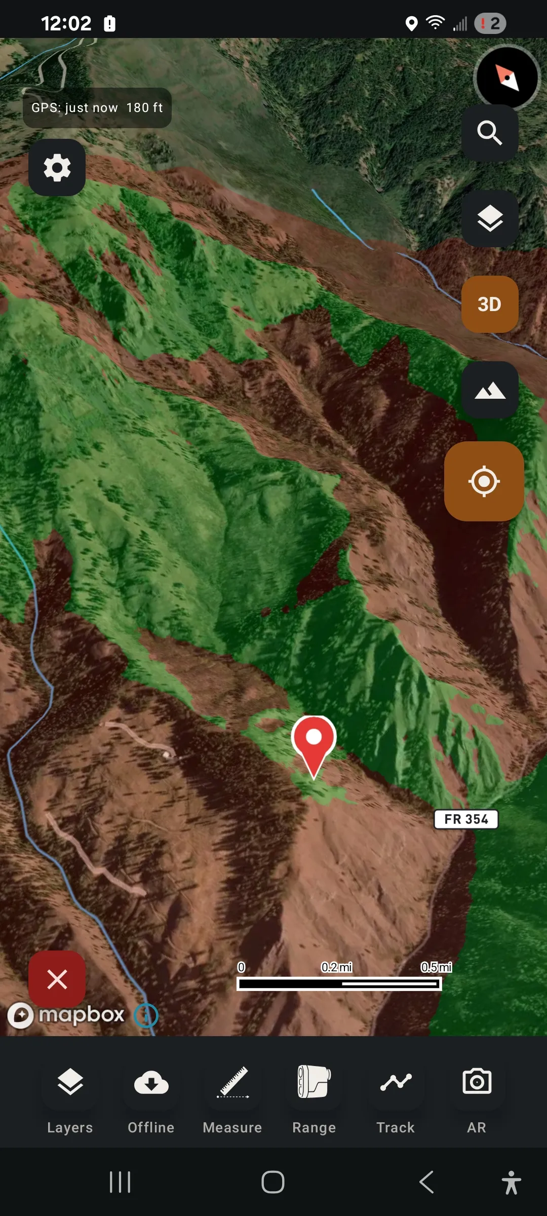 Talus viewshed analysis from a dropped pin, shading visible ground green and blocked ground red across a 3D valley.